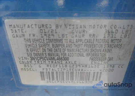 2021 Nissan Kicks Sv Xtronic Cvt z USA, uszkodzony, nr VIN 3N1CP5CV4ML466300